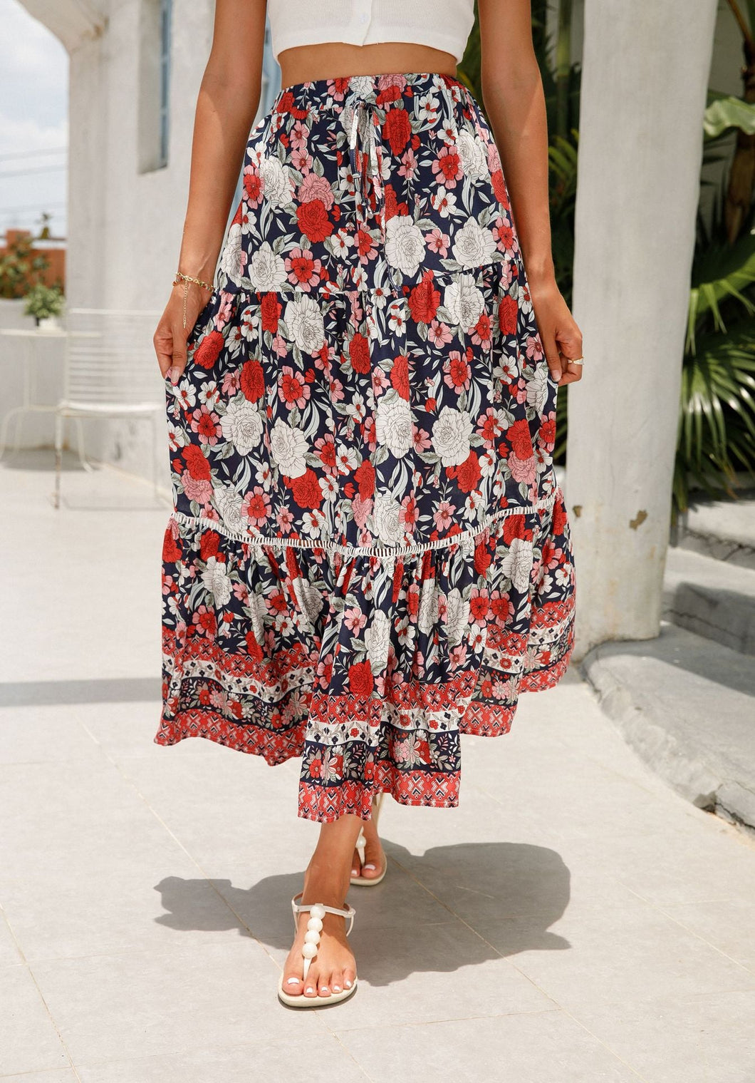 Lace-paneled maxi skirt man cotton bohemian beach resort-inspired skirt