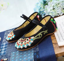 Load image into Gallery viewer, Canvas embroidered cloth shoes women&#39;s shoes single shoe one-line buckle low heel
