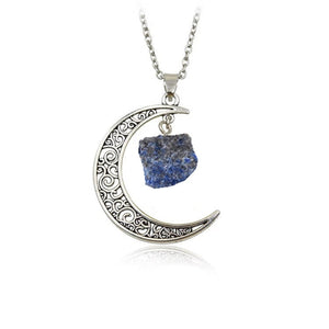 Natural stone crystal necklace vintage moon alloy sweater chain