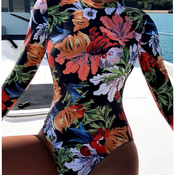 Long-sleeved one-piece swimsuit women print open back tight sexy swimsuit
