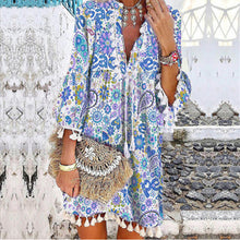 Load image into Gallery viewer, Printed V-neck pullover fringed ruffled sleeve dress

