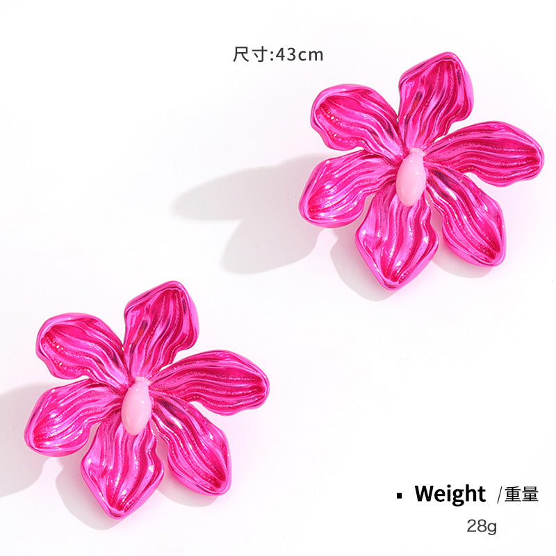 Metal flower bow Barbie pink stud earrings women's fashion personality earrings