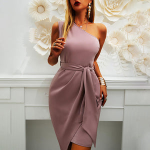 Solid color sleeveless slanted shoulder irregular strap party dress dress