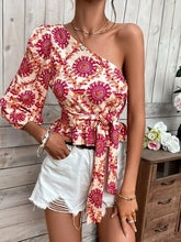 Load image into Gallery viewer, Mandala Print One Shoulder Balloon Sleeve Ruffle Hem Tie Shirt Tie Top
