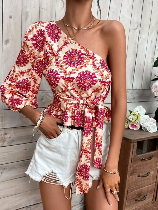 Mandala Print One Shoulder Balloon Sleeve Ruffle Hem Tie Shirt Tie Top