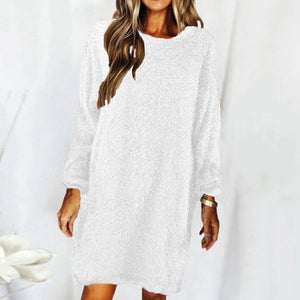 New autumn and winter solid color comfortable plush long sleeve round neck loose dress