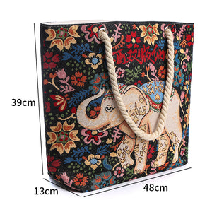 Ethno-style black flower elephant double-sided jacquard embroidery with gold wire canvas chain tote shoulder bag
