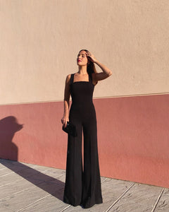 One piece pants wide leg pants straight tube middle waist backless black pants