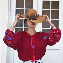Load image into Gallery viewer, Retro ethnic embroidery exotic loose lantern sleeve fringed top
