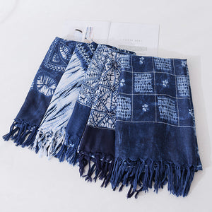 Retro ethnic scarf women's spring and autumn imitation blue dyed wild literary long summer sun protection holiday shawl scarf