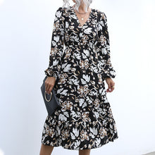 Load image into Gallery viewer, Autumn/winter new womenswear women&#39;s print maxi dress V-neck puff sleeve long dress
