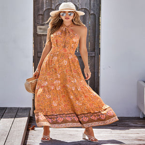 Bohemian print casual halterneck maxi dress