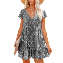Load image into Gallery viewer, V-neck buttons, small florals, short sleeves, loose casual dress, women&#39;s wear
