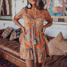 Load image into Gallery viewer, Fashionable print with shrink-pleated cutouts small V-neck short-sleeved cotton linen dress
