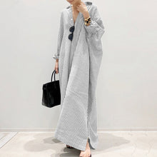 Load image into Gallery viewer, Cotton and linen striped cardigan loose size commuting irregular dress
