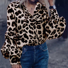 Load image into Gallery viewer, Autumn winter new leopard print shirt female fashion casual lapel bubble sleeve top
