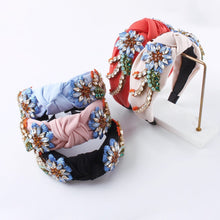 Load image into Gallery viewer, Stylish hand-stitched embroidered flowers fabric headband Personality creative diamond-encrusted knotted headband for women
