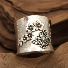 Load image into Gallery viewer, Vintage statement ring, bee, butterfly flower, leaf embossed band
