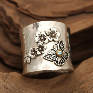 Vintage statement ring, bee, butterfly flower, leaf embossed band