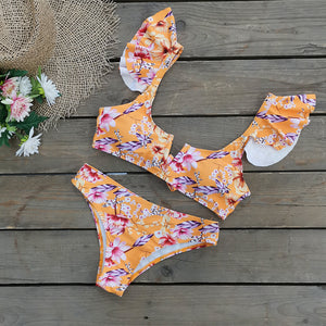 Split bikini three-piece bikini bikini lotus leaf side sling back strap swimsuit