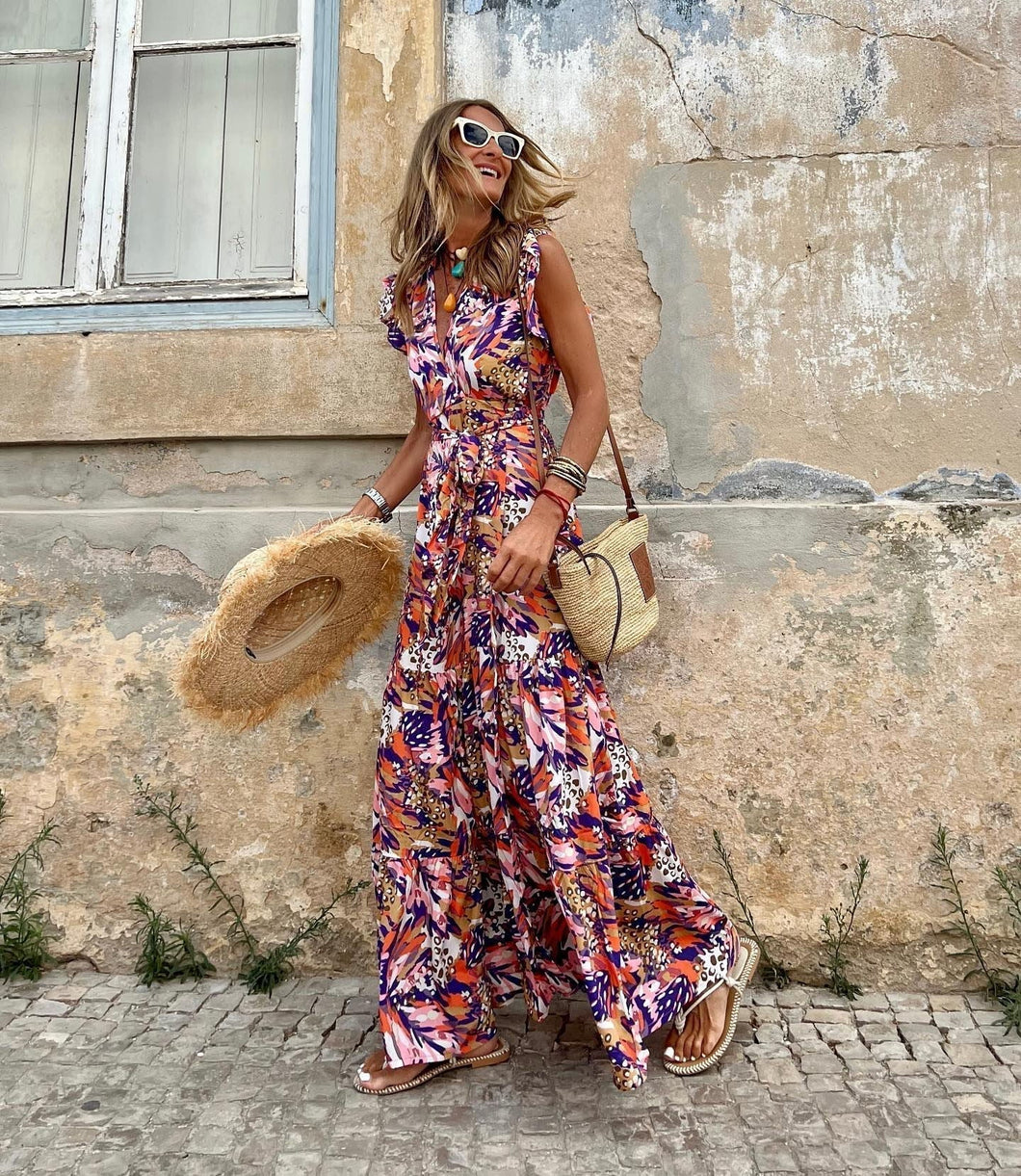 Summer casual women's print maxi dress sleeveless V-neck swing dress