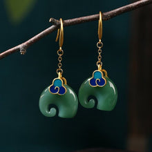 Load image into Gallery viewer, Gold-plated cold enamel Xiangyun elephant imitation Hetian jade vintage cheongsam wind earrings earrings earrings jade jewelry

