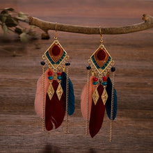 Load image into Gallery viewer, Fringed bohemian red earrings, vintage feather earrings
