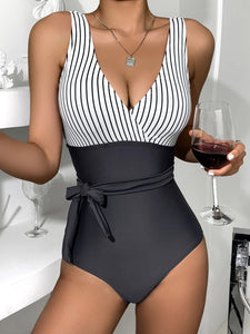 Women's Triangle One Piece Striped Solid Print Bikini