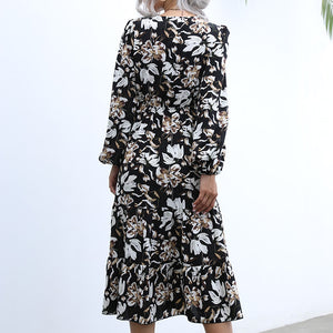 Autumn/winter new womenswear women's print maxi dress V-neck puff sleeve long dress