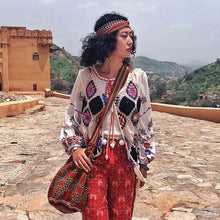 Load image into Gallery viewer, Retro ethnic embroidery exotic loose lantern sleeve fringed top
