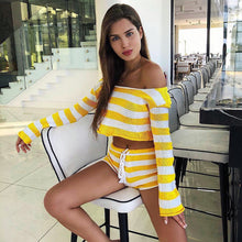 Load image into Gallery viewer, Knitted striped shorts set women&#39;s new long sleeve short top crop crop navel sexy two-piece set

