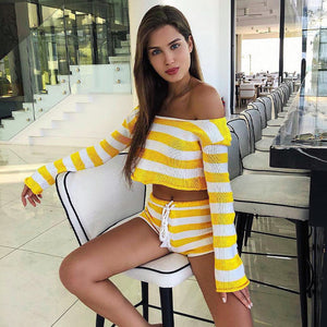 Knitted striped shorts set women's new long sleeve short top crop crop navel sexy two-piece set
