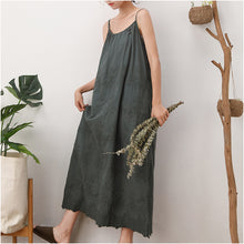 Load image into Gallery viewer, Solid color dress embroidered loose waist suspender bottom cotton linen maxi skirt
