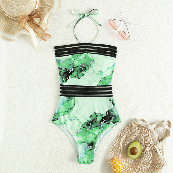 Halter Waist Web Print One Piece Ladies Swimsuit
