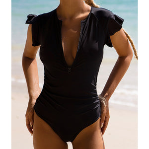 One-piece swimsuit solid color ruffles half pack beach resort swimwear bikini