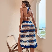 Load image into Gallery viewer, Beach skirt new style women&#39;s knitted openwork color-block halterneck bikini blouse split skirt woman
