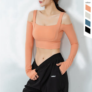 Tight All-in-one Yoga Suit Long-sleeved Off-the-shoulder Sports Top Women's Gym Running T-shirt