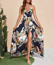 Load image into Gallery viewer, Printed suspender long split leg stylish high-end sexy deep V dress
