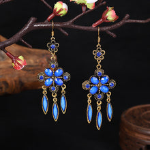 Load image into Gallery viewer, New vintage ethnic accessories diamond-shaped hole blue cutout long fringed earrings with women&#39;s diamond-set alloy earrings
