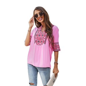 Sexy Loose Deep V-Neck Solid Embroidered Five-point Sleeve Shirt