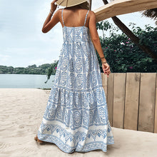 Load image into Gallery viewer, Summer new blue print boho style suspenders large swing high waist loose ladies dress
