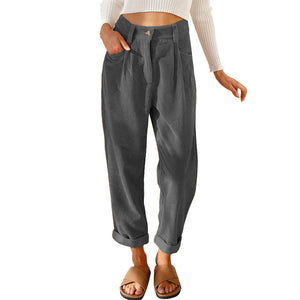 New women's high waist casual pants solid color loose straight corduroy pants