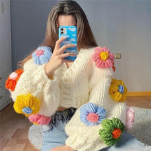 Load image into Gallery viewer, Handmade three-dimensional hook flower flower lantern sleeve sweet loose lazy thick warm sweater cardigan jacket
