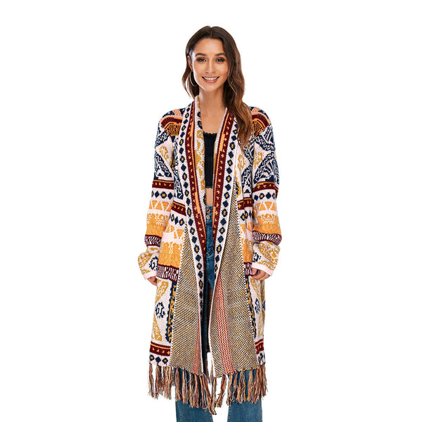 Ethnic retro tassel cardigan sweater knitted coat new loose long sleeve bohemian style