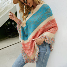 Load image into Gallery viewer, Contrast stripe knitted cape fringed cape
