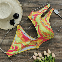 Load image into Gallery viewer, One-shoulder personality hollow one-piece bikini sexy print one-piece swimsuit
