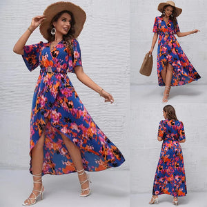 New short-sleeved V-neck pullover irregular beach dress for summer