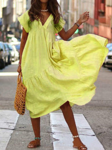 Street Style Solid Color Boho Maxi Dress Summer Candy Color Plus Size S-5XL V-neck Loose Irregular Long Dress