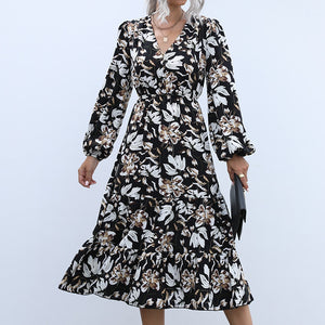 Autumn/winter new womenswear women's print maxi dress V-neck puff sleeve long dress