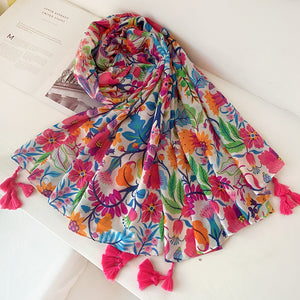 Bohemian colorful flowers, cotton and linen hand scarf, sunscreen, beach scarf, scarf scarf woman